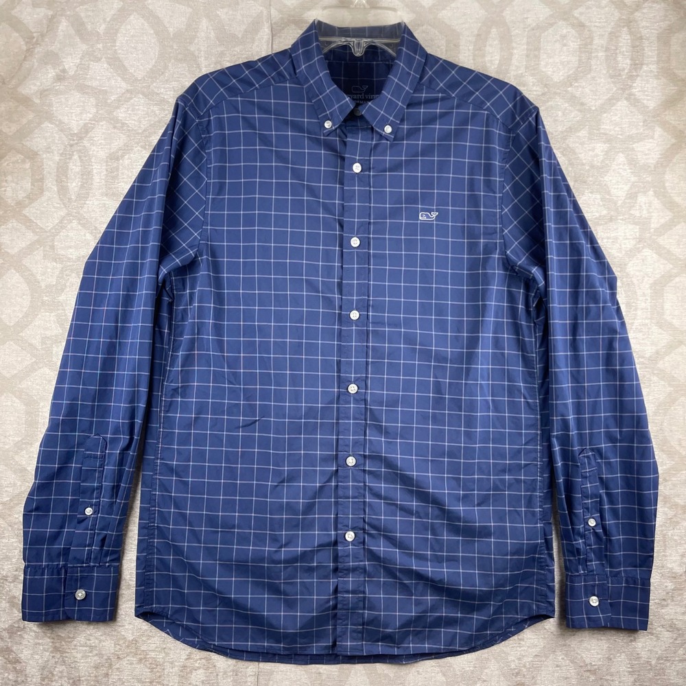 Vineyard Vines Performance Mens Small Blue Grid Classic Fit Whale Shirt Stretch